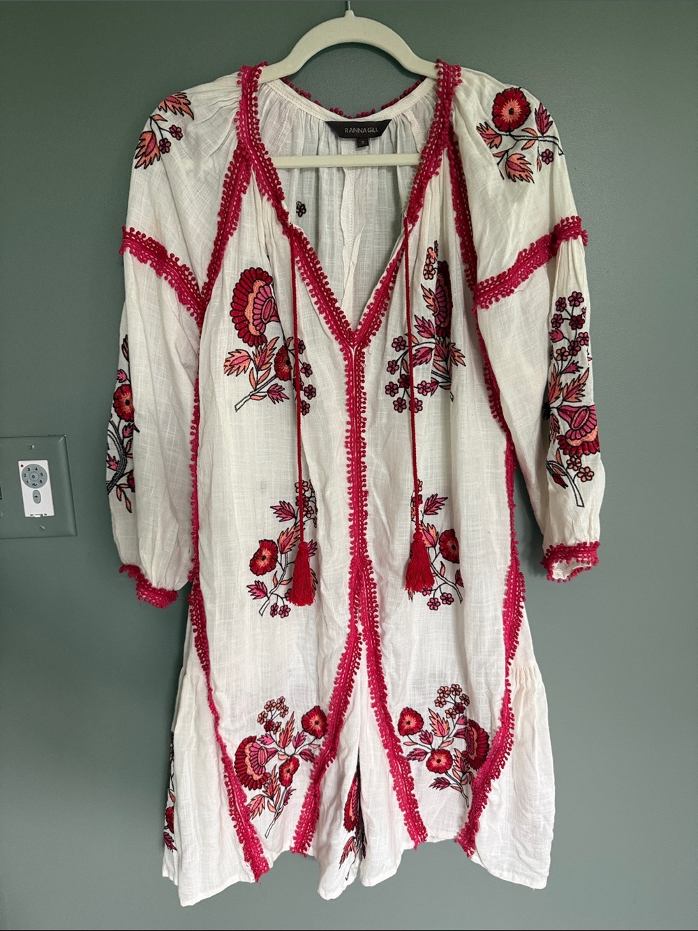 Ranna Gill White Tunic Dress with Pink & Red Floral Embroidery
